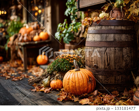 Autumn harvest scene with pumpkins, wooden barrel, and colorful leaves creating a cozy atmosphere Autumn harvest scene with pumpkins, wooden barrel, and colorful leaves creating a cozy atmosphere 133181477