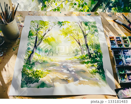 Watercolor illustration of a serene forest path with vibrant greenery and soft sunlight Watercolor illustration of a serene forest path with vibrant greenery and soft sunlight 133181483
