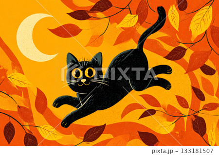 Black cat leaping through autumn leaves with a crescent moon in a vibrant Halloween illustration Black cat leaping through autumn leaves with a crescent moon in a vibrant Halloween illustration 133181507