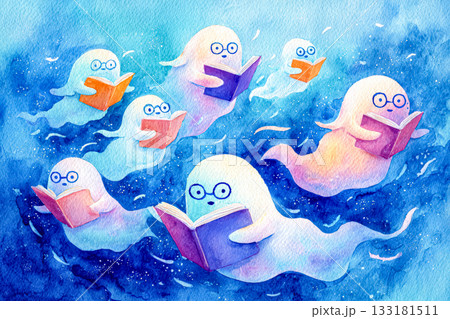 Colorful watercolor illustration of playful ghosts reading books in a whimsical Halloween scene Colorful watercolor illustration of playful ghosts reading books in a whimsical Halloween scene 133181511