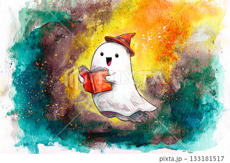 Cute ghost character reading a book in a colorful Halloween-themed watercolor illustration Cute ghost character reading a book in a colorful Halloween-themed watercolor illustration 133181517