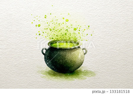 Black cauldron with bubbling green potion, Halloween concept, watercolor illustration with copy space 133181518