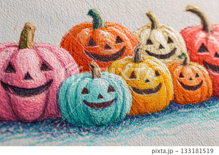 Colorful Halloween pumpkins with smiling faces arranged in a playful festive display 133181519