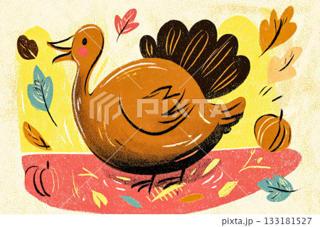 Colorful turkey illustration surrounded by autumn leaves and pumpkins for Thanksgiving celebration 133181527