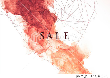 Abstract watercolor illustration with vibrant red hues and geometric lines featuring sale text 133181529