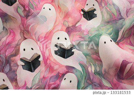 Whimsical ghost characters reading books in a colorful watercolor illustration for Halloween concept 133181533