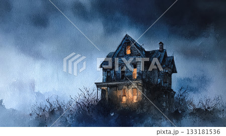 Haunted house illustration with glowing windows and eerie atmosphere for Halloween concept 133181536