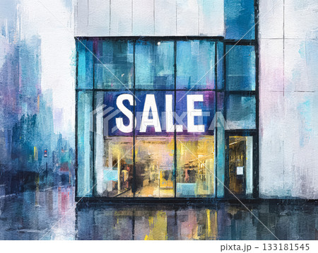 Colorful storefront with large sale sign, reflecting in wet pavement during rainy weather Colorful storefront with large sale sign, reflecting in wet pavement during rainy weather 133181545