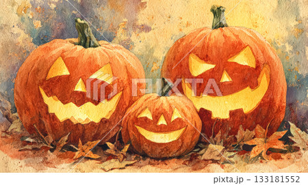 Three carved pumpkins with glowing faces surrounded by autumn leaves in a festive Halloween setting 133181552
