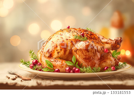 Golden roasted turkey garnished with herbs and cranberries for a festive Thanksgiving celebration Golden roasted turkey garnished with herbs and cranberries for a festive Thanksgiving celebration 133181553