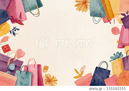 Colorful watercolor shopping bags with floral elements and ample copy space for design Colorful watercolor shopping bags with floral elements and ample copy space for design 133181555