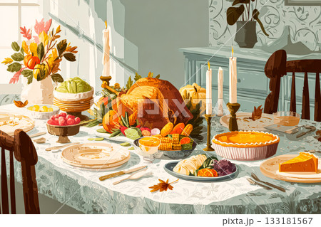Thanksgiving feast with roasted turkey, seasonal vegetables, and festive table setting with copy space 133181567