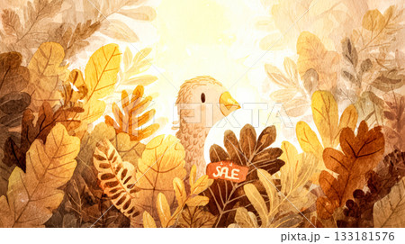 Whimsical illustration of a bird among autumn leaves with a sale tag for Thanksgiving harvest concept Whimsical illustration of a bird among autumn leaves with a sale tag for Thanksgiving harvest concept 133181576