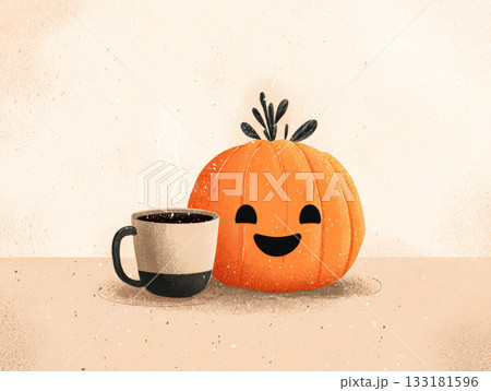 Happy pumpkin character next to steaming coffee cup on a warm autumn background 133181596