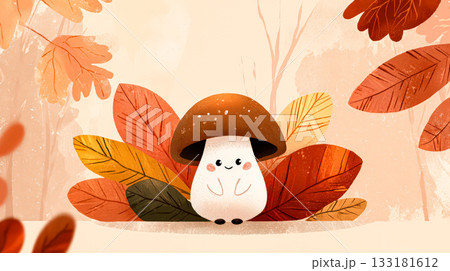 Cute cartoon mushroom character surrounded by colorful autumn leaves in a warm harvest setting Cute cartoon mushroom character surrounded by colorful autumn leaves in a warm harvest setting 133181612