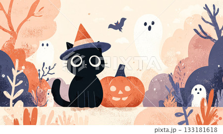 Black cat wearing a witch hat beside a carved...のイラスト素材 [133181618] - PIXTA