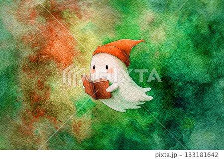 Cute ghost character reading a book in a...のイラスト素材 [133181642] - PIXTA
