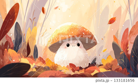 Cute mushroom character surrounded by colorful autumn leaves in a whimsical forest setting Cute mushroom character surrounded by colorful autumn leaves in a whimsical forest setting 133181656