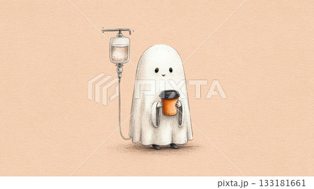 Cute ghost character holding coffee cup with IV drip in whimsical Halloween illustration 133181661