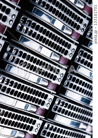 Array of data storage hard drives in internet data center 133181701