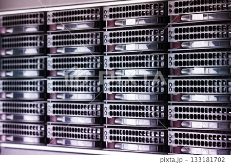 Array of data storage hard drives in internet data center 133181702