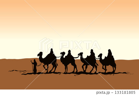 Camel caravan travels. Vector drawing Camel caravan travels. Vector drawing 133181805