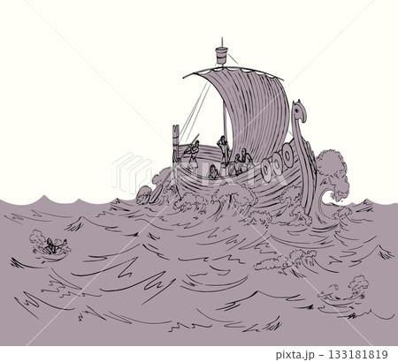Vector drawing. Sailors on a ship in a storm 133181819