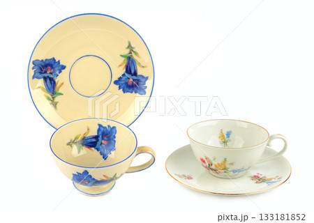Vintage Porcelain Tea Set with Blue and Floral Patterns 133181852