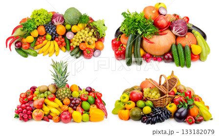 Various Fresh Fruits Vegetables and Berries Arrangement Isolated on White Background 133182079