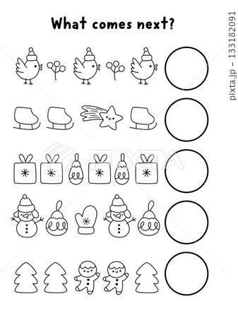What comes next. Christmas black and white logical activity for children with holiday symbols. Winter logic succession worksheet. Continue row line game, coloring page with star, skate, snowman 133182091