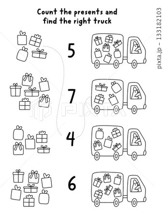 Match the numbers black and white Christmas game with goose driver on truck with presents. New Year line math activity for kids. Winter holiday educational counting worksheet, coloring page Match the numbers black and white Christmas game with goose driver on truck with presents. New Year line math activity for kids. Winter holiday educational counting worksheet, coloring page 133182103