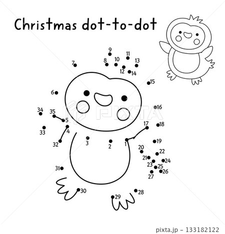 Christmas vector dot-to-dot and color activity with cute penguin. Black and white New Year connect dots game for children with holiday symbol. Winter line printable worksheet 133182122