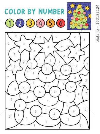 Vector Christmas color by number activity with decorated fir tree. Winter black and white counting, game. New Year coloring page for kids. Line printable worksheet with holiday symbol Vector Christmas color by number activity with decorated fir tree. Winter black and white counting, game. New Year coloring page for kids. Line printable worksheet with holiday symbol 133182124