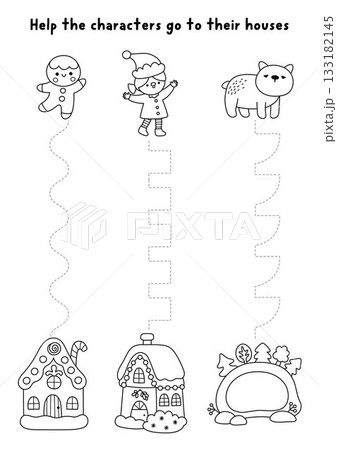 Vector Christmas handwriting practice worksheet with gingerbread man, elf, bear, houses. Printable black and white activity for kids with homes. Winter holiday line tracing game, coloring page 133182145