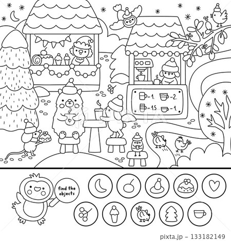 Vector black and white searching game with Christmas village landscape. New Year line seek and find printable activity, coloring page for kids. Winter holiday worksheet with fair with stalls, drinks Vector black and white searching game with Christmas village landscape. New Year line seek and find printable activity, coloring page for kids. Winter holiday worksheet with fair with stalls, drinks 133182149