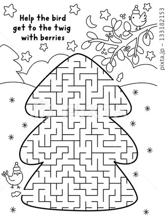 Christmas geometrical black and white maze for kid. New Year preschool printable line activity shaped as fir tree. Winter holiday labyrinth game, puzzle, coloring page with bird going to twig with 133182153
