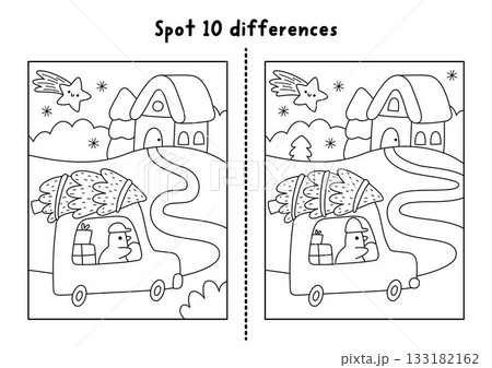 Christmas line find differences game. Winter holiday black and white activity with bird driving fir tree home on night. Printable worksheet, puzzle, coloring page for kids with New Year character 133182162