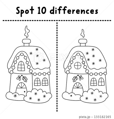 Christmas line find differences game for children. Winter holiday black and white activity with Santa Claus house. Printable worksheet, coloring page, puzzle for kids with funny New Year home 133182165