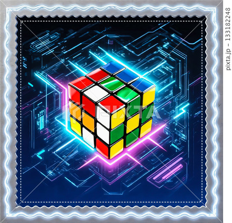 Neon rubik's cube on a futuristic circuit board. A Rubik's Cube with bright colors floats above a glowing, futuristic circuit board.  133182248