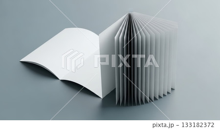 Open book with curved pages on minimalist grey background Open book with curved pages on minimalist grey background 133182372