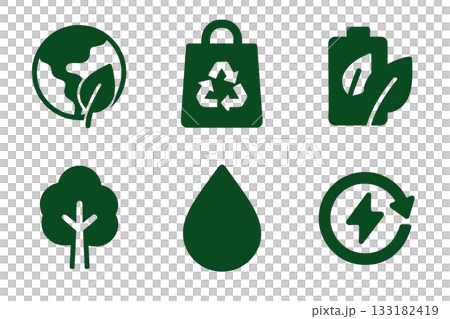 Eco icon sets featuring earth, recycling bag, battery, tree, water drop, energy cycle. Isolated on transparent background Eco icon sets featuring earth, recycling bag, battery, tree, water drop, energy cycle. Isolated on transparent background 133182419