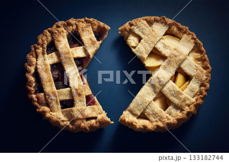 Unique split pie with cherry and apple fillings 133182744