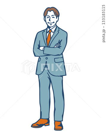腕を組んで立つ男性ビジネスマンのイラスト　自信を示すスーツ姿の人物素材 133183115