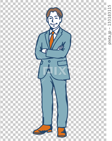 腕を組んで立つ男性ビジネスマンのイラスト　自信を示すスーツ姿の人物素材 133183115