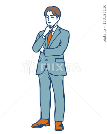 考える男性ビジネスマンのイラスト　思案するスーツ姿の人物素材 133183116