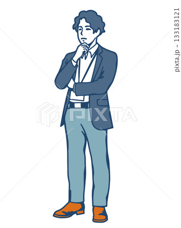 考えるポーズの若い男性ビジネスマンのイラスト 社員証付き人物素材 考えるポーズの若い男性ビジネスマンのイラスト 社員証付き人物素材 133183121