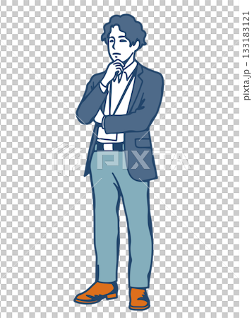 考えるポーズの若い男性ビジネスマンのイラスト 社員証付き人物素材 考えるポーズの若い男性ビジネスマンのイラスト 社員証付き人物素材 133183121