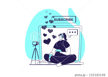 Video streaming web concept with flat people for website design. Woman gaming and broadcasting online using camera and microphone, recording video with playing for followers. Vector illustration. 133183149