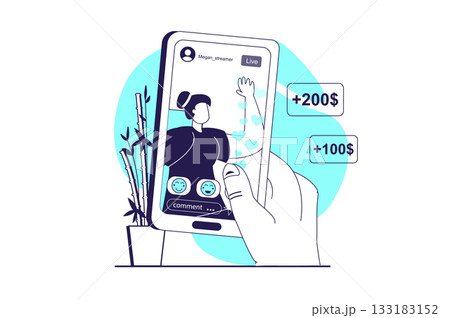 Video streaming web concept with flat people for website design. Woman broadcasting online, communicate with followers, user interacting with mobile app, sending donate money. Vector illustration. Video streaming web concept with flat people for website design. Woman broadcasting online, communicate with followers, user interacting with mobile app, sending donate money. Vector illustration. 133183152