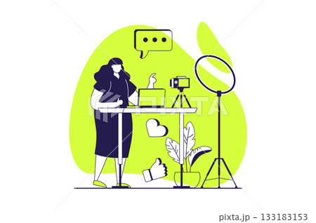 Video streaming web concept with flat people for website design. Woman recording podcasts and video content standing by desk, broadcasting online, communicate with followers. Vector illustration. Video streaming web concept with flat people for website design. Woman recording podcasts and video content standing by desk, broadcasting online, communicate with followers. Vector illustration. 133183153
